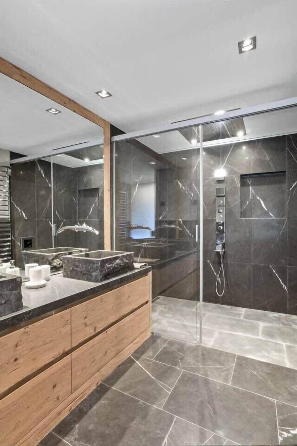 the bathroom with a spacious shower 