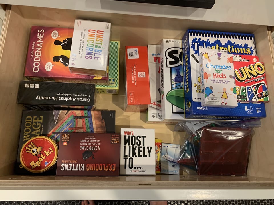   Apples to apple poker,candyland,Life,monopoly,
rummikub in laundry room