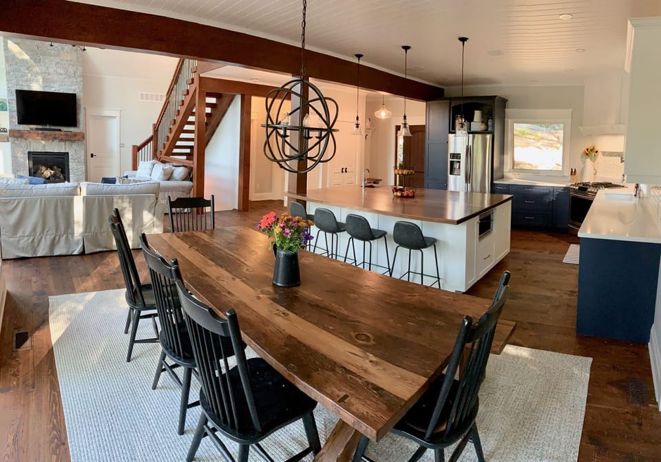 open concept kitchen, dining and living space 