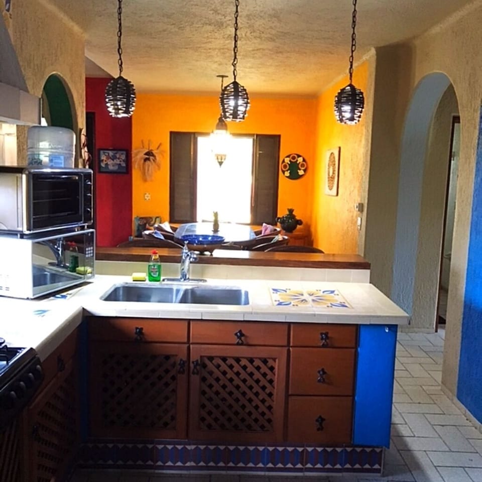 Kitchen view into dining area.
