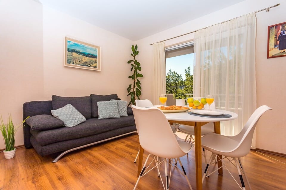 Kitchen and living area in AP1 with balcony
