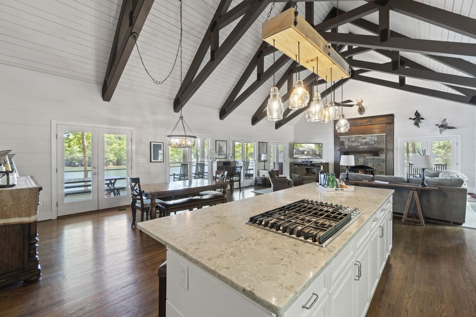 Open concept living with living, kitchen and dining in one large area.
