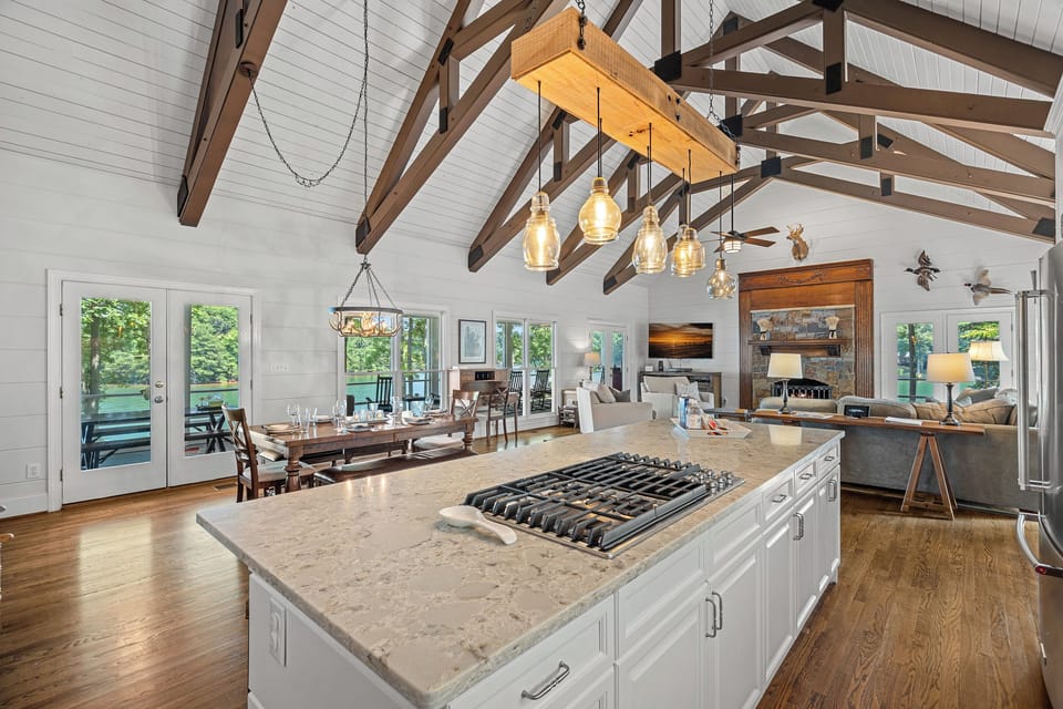 Open concept living with living, kitchen and dining in one large area.