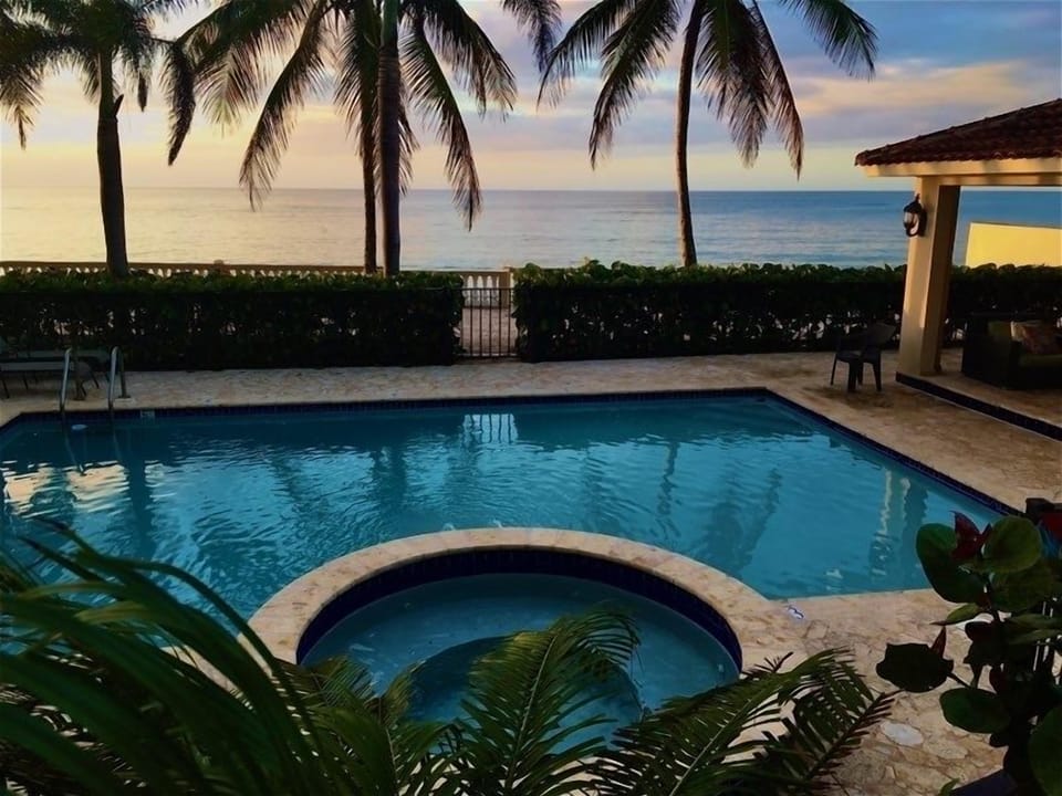 Spectacular views of the ocean and beach from the pool area framed by palm trees