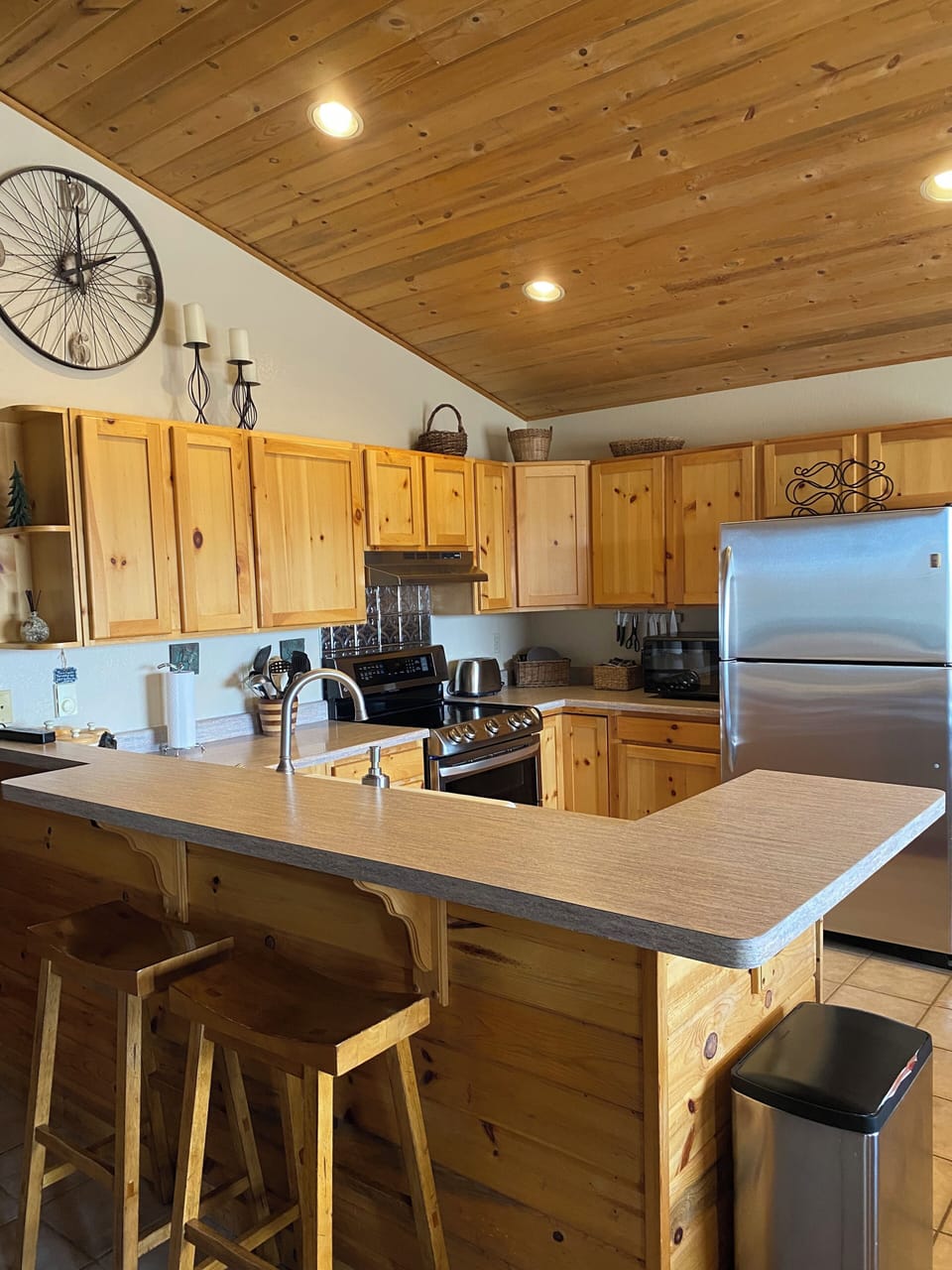 Kitchen is fully equipped for eating in.
