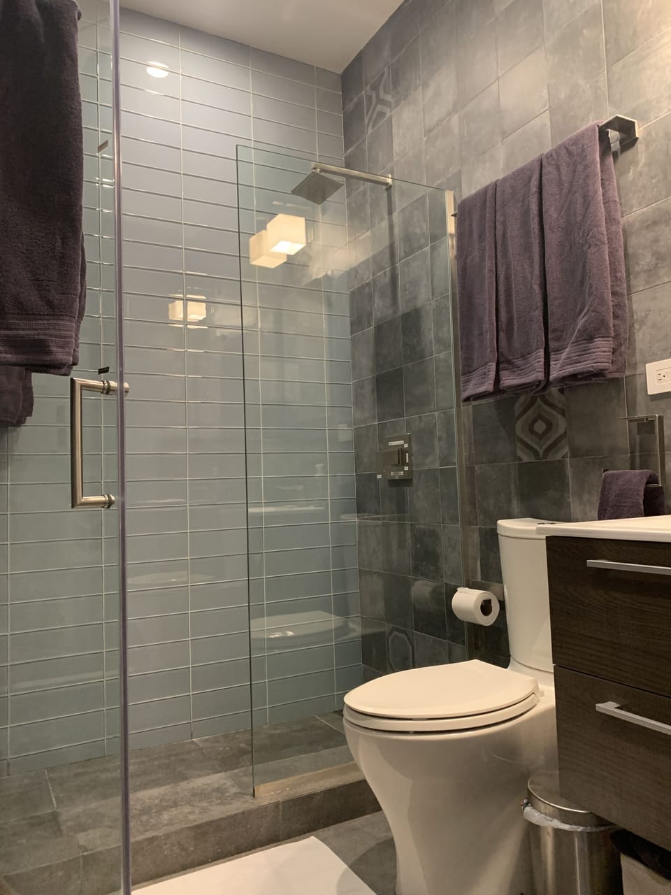 Modern and clean huge bathroom. Glass shower partition for style and hygiene. 