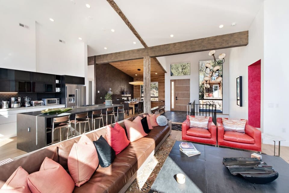 Living room with view of kitchen