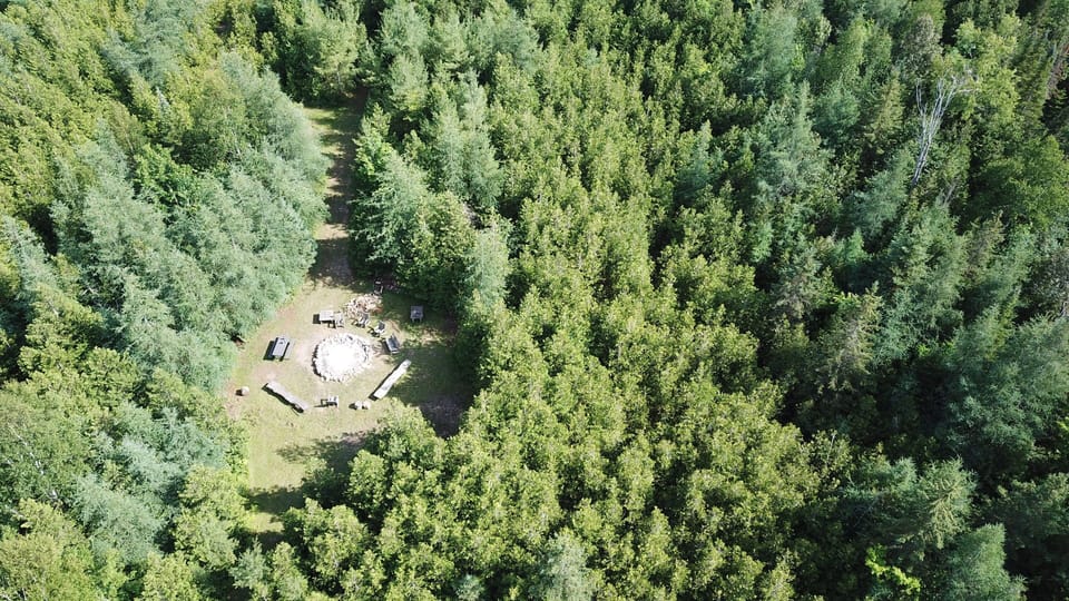 Arial view of our private ponds extra large Fire Pit.