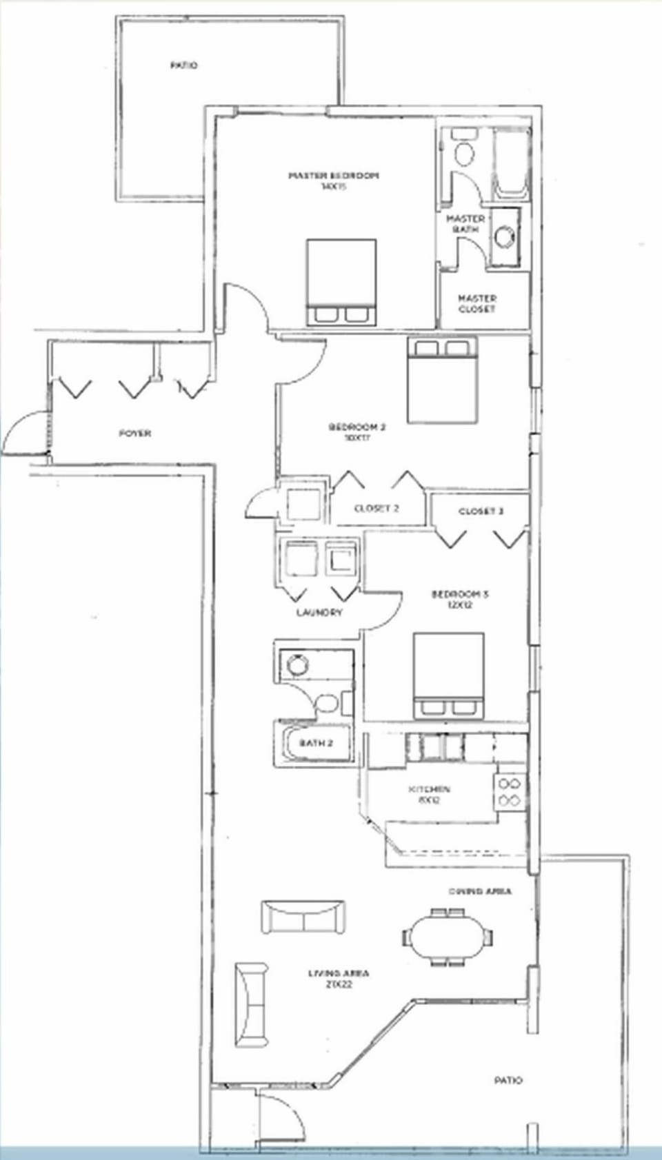 Three-bedroom layout with spacious living area, beach balcony from the living space, and north balcony from the master suite