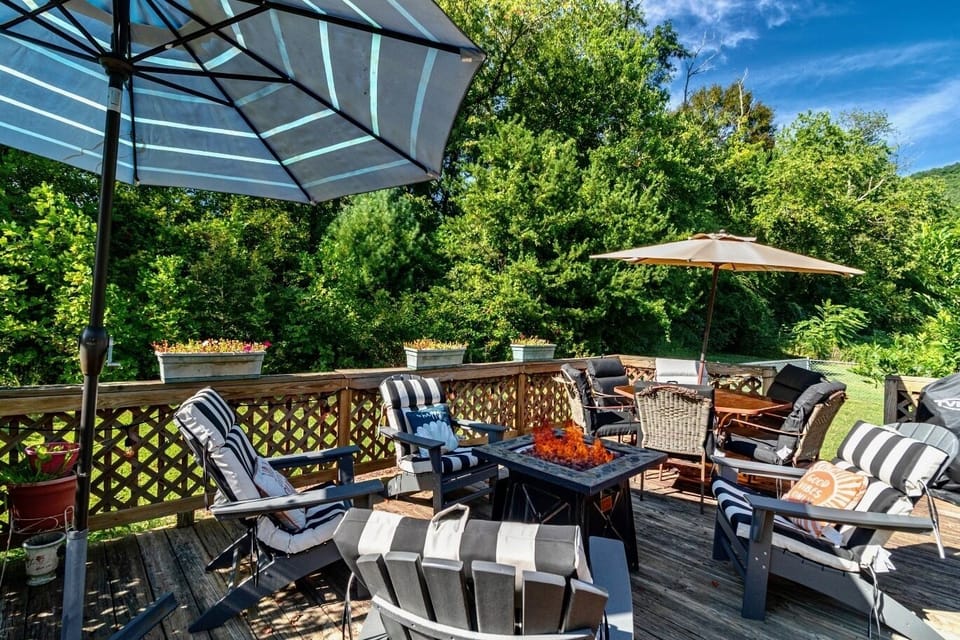 Enjoy a private spacious backyard with umbrellas,firepit,grill and comfy chairs.
