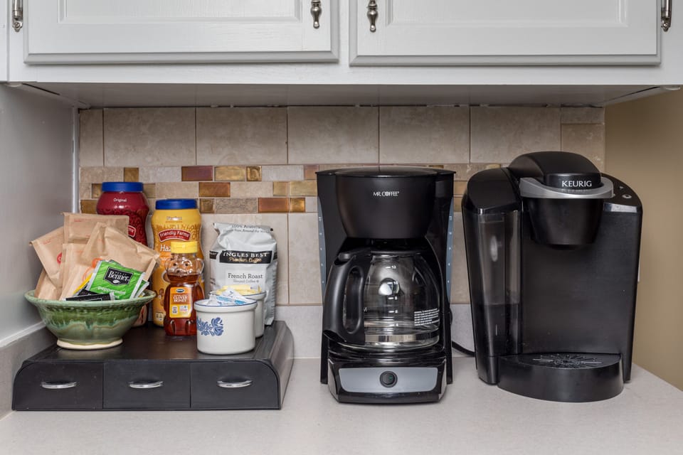 We provide a selection of coffee, tea, hot chocolate, creamer and sweenters.