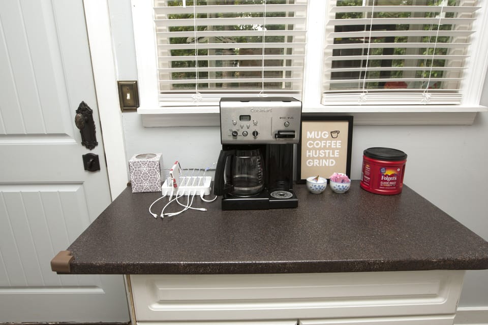 Coffee bar and charging station.