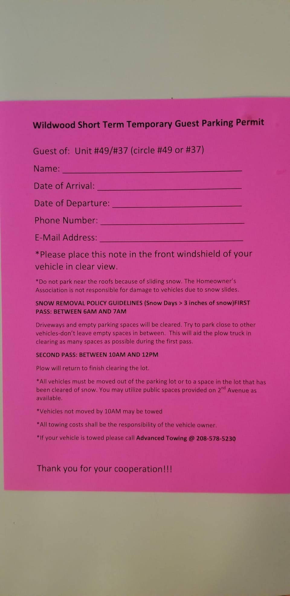 Parking pass to be filled out and placed onto vehicle dashboard