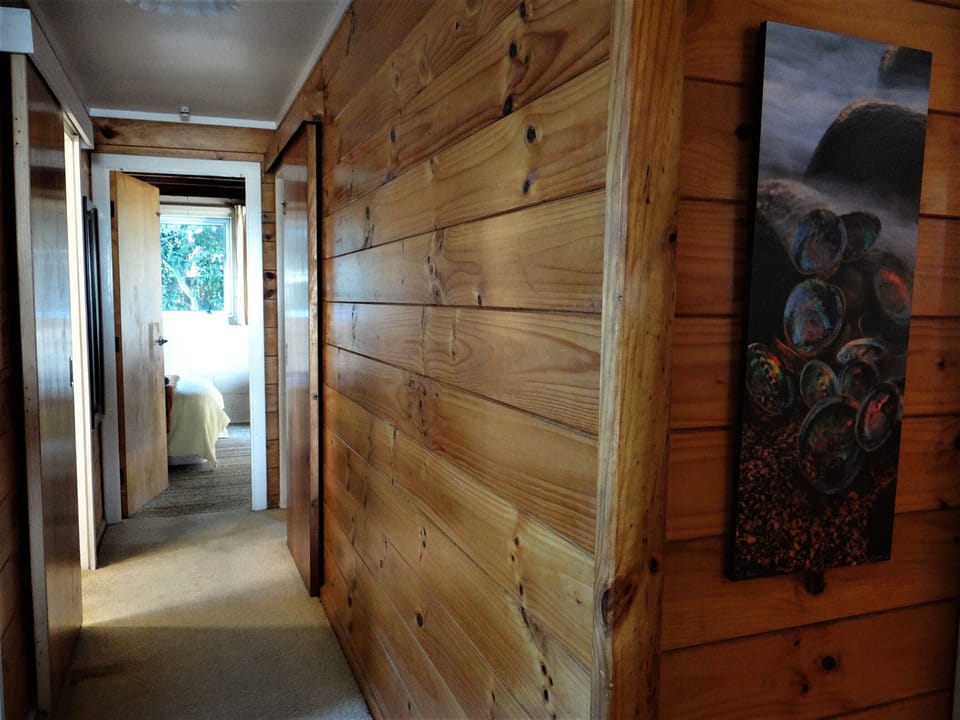 Downstairs hall. Toilet and bthrm on left. Bdrm 5 end of hall. Bdrm 4 on right.