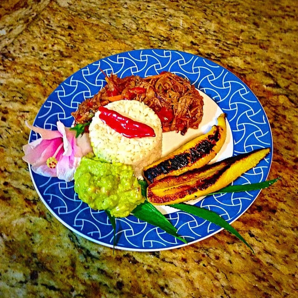 Ropa Vieja with Coconut Rice, Guacamole and Sweet Plantains