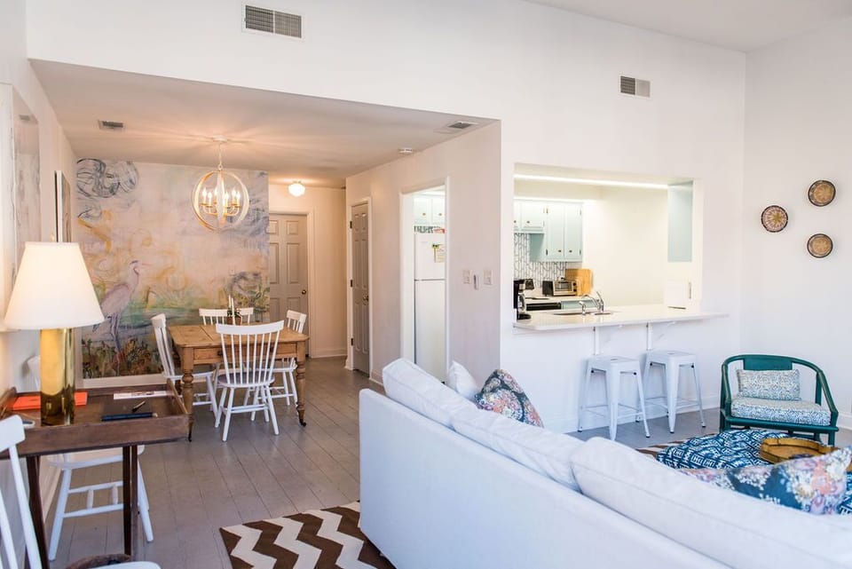 Living room, kitchen, and dining area.