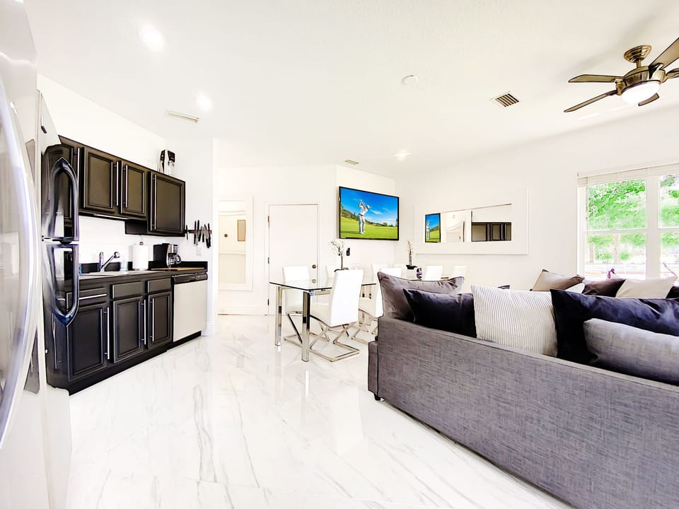 Modern design and open floor plan for social gatherings.