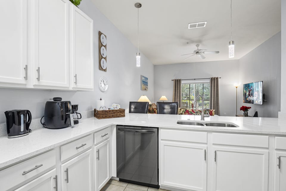 Dishwasher, and large sink worksurface to enable sitting at the counter
