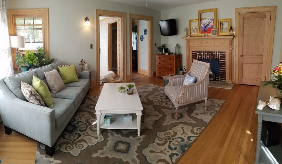 Eclectic decor lends the space interest and a welcoming atmosphere. 