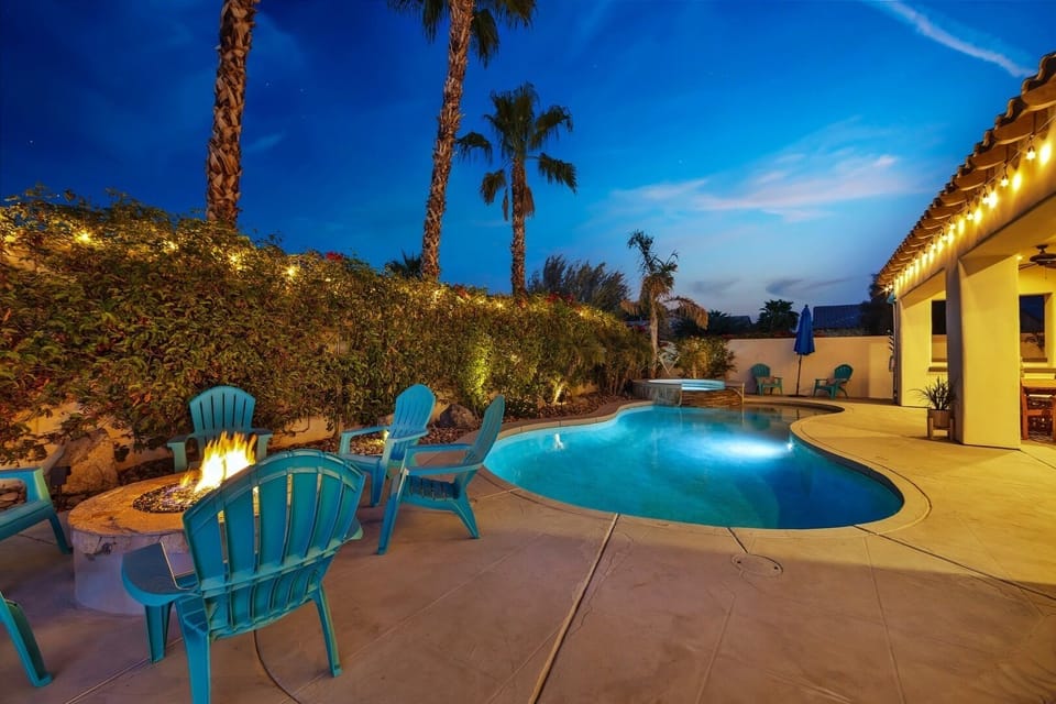 Party lights light up the backyard for night swimming