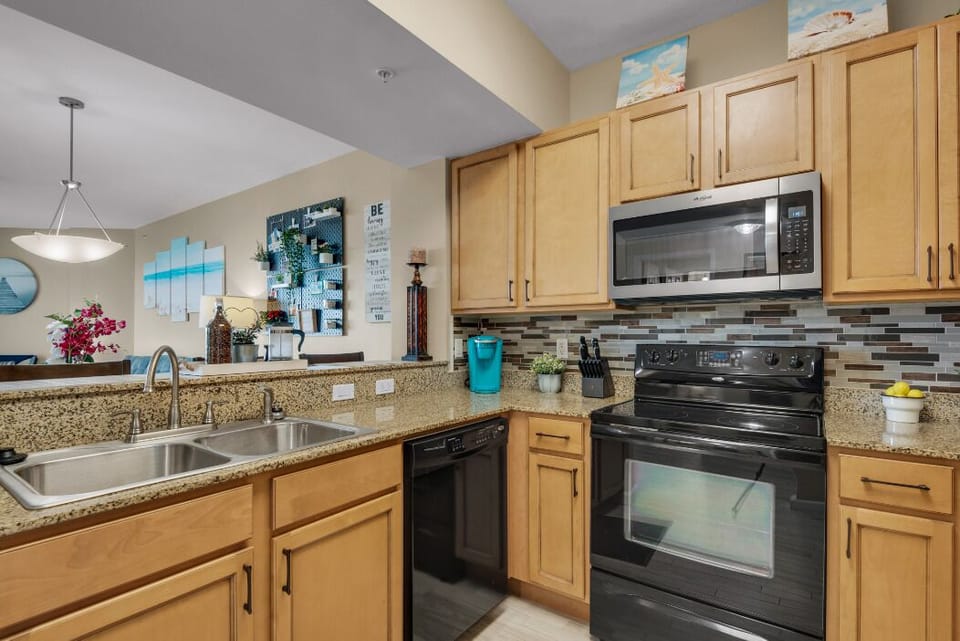 Fully stocked kitchen includes Keurig coffee maker