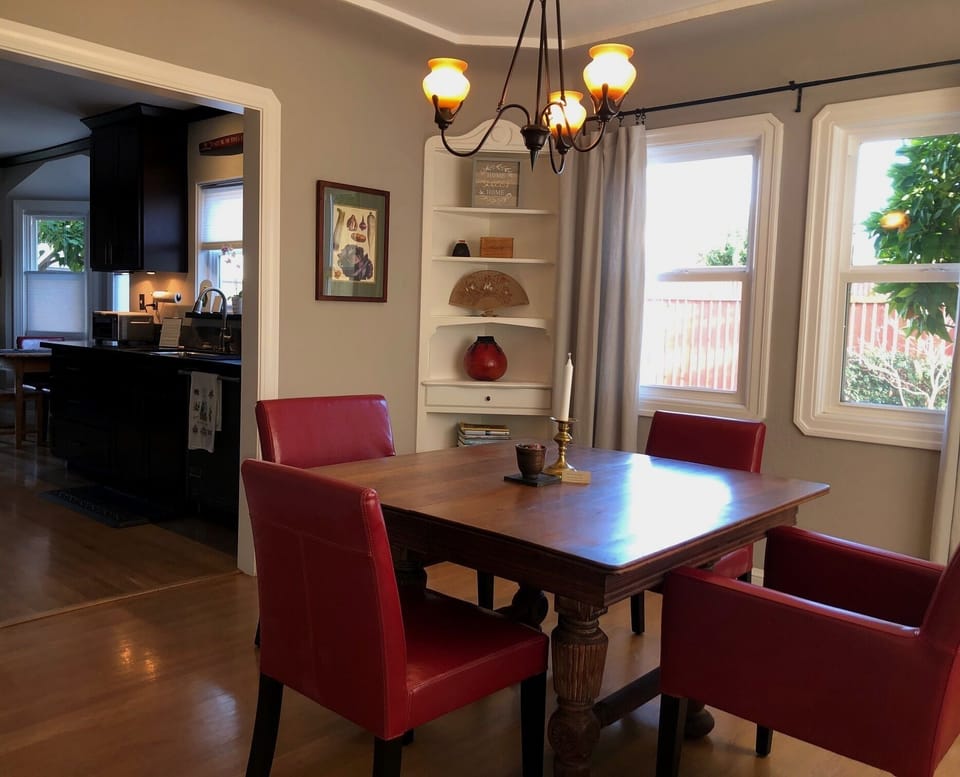 The dining room is just off the kitchen