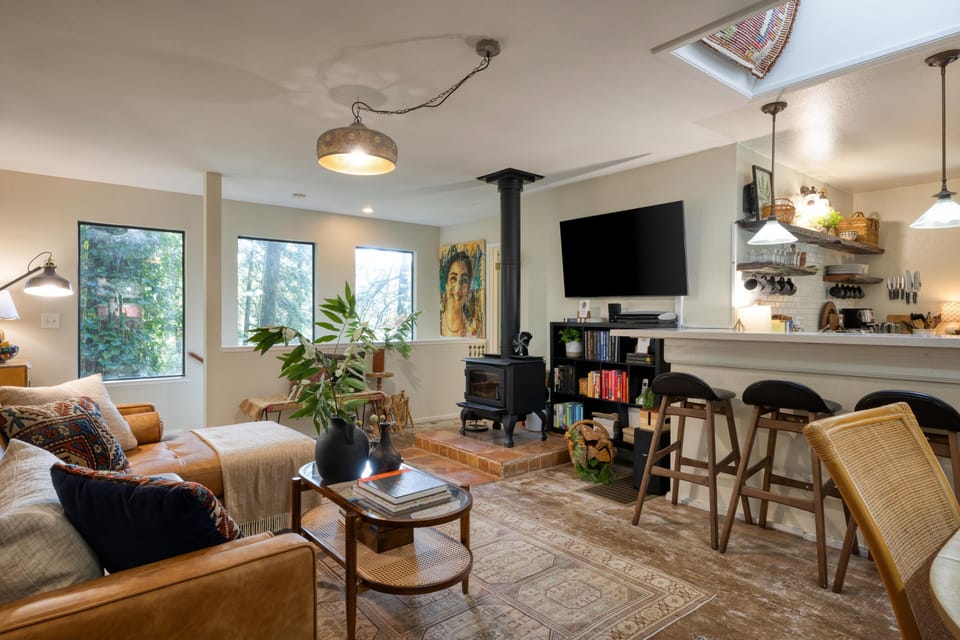 The open floorplan allows for conversations from the living and dining areas through to the kitchen.