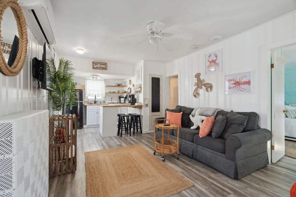 Open, bright and quiet living space with wall mounted Roku TV and pull-out couch.