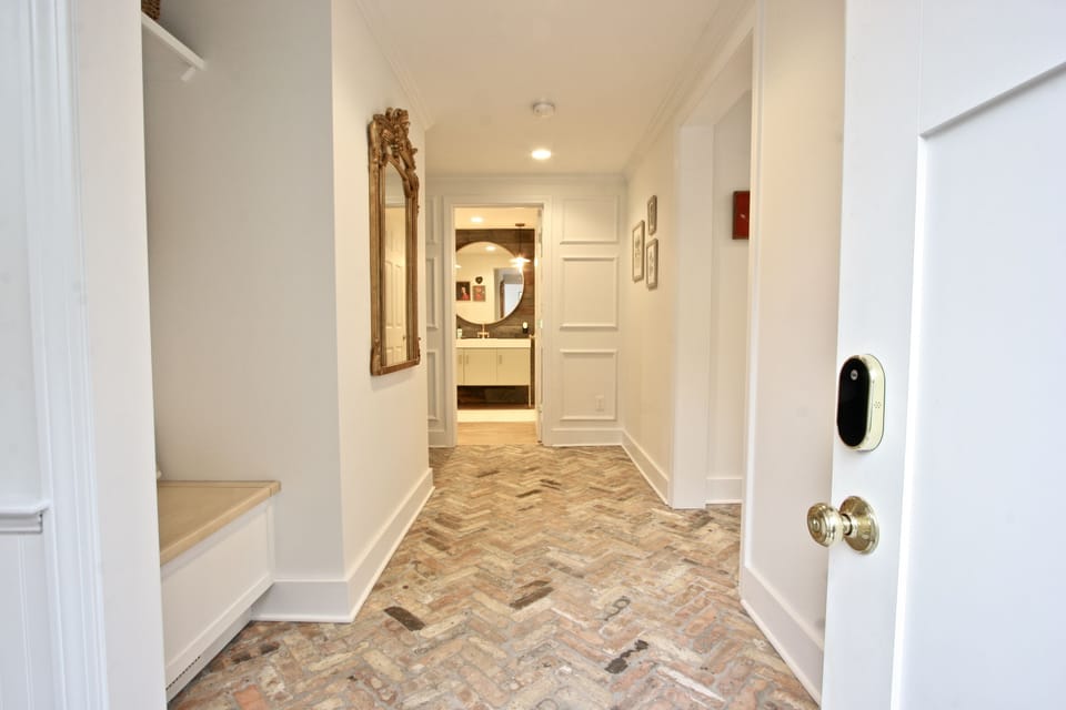 Side entry hall with recycled bricks from Chicago