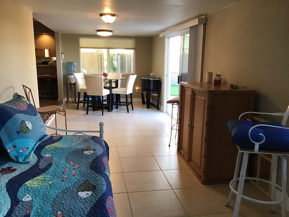 Patio room overlooking back yard and pool.    Twin size trundle beds for  guests