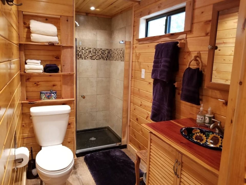Bathroom, Shower, Handcrafted Storage and Vanity.