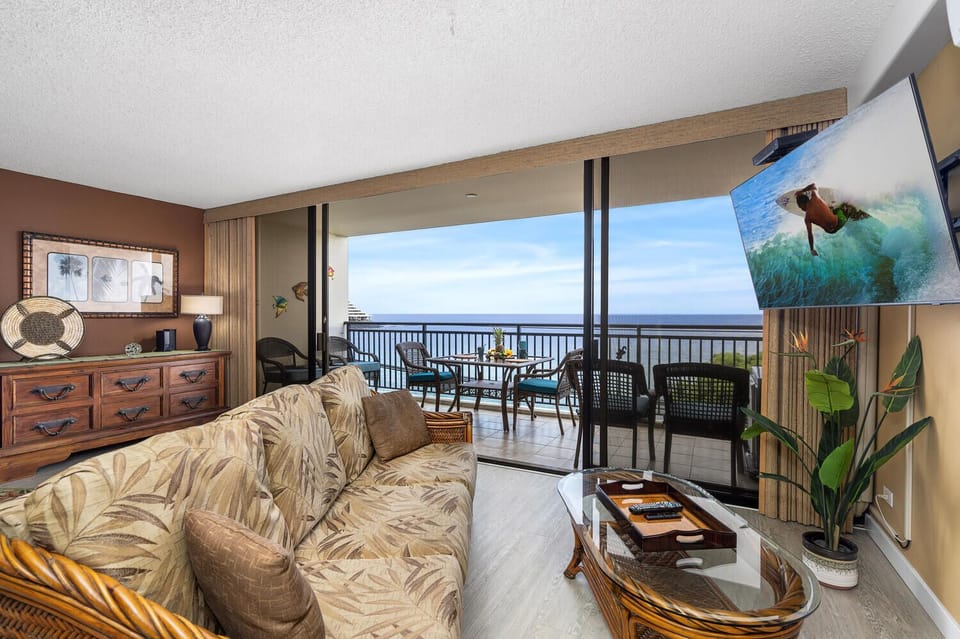 Ocean-view sleeper sofa adds comfort and flexibility.
