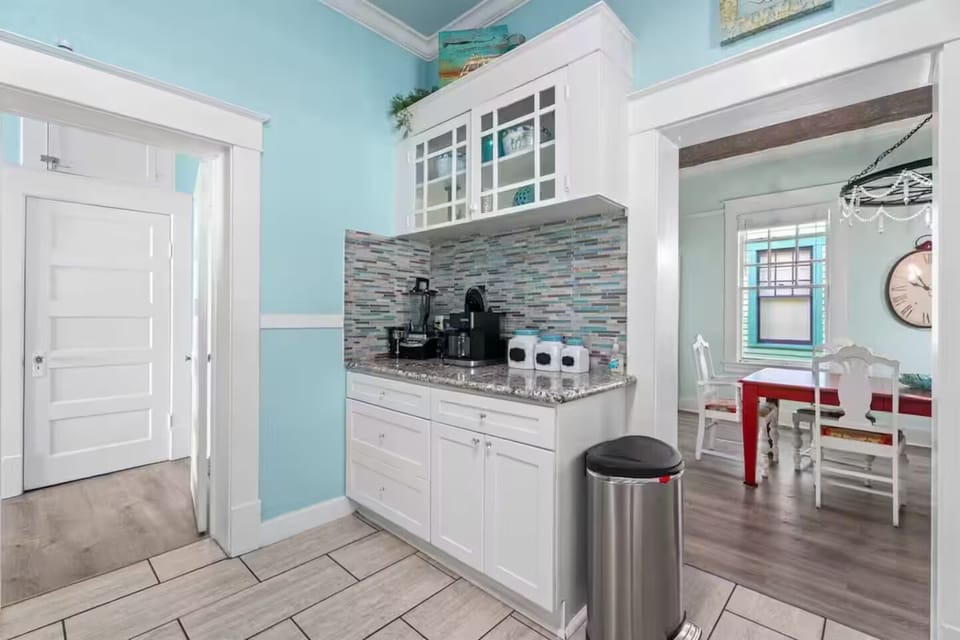 The coffee bar in the kitchen looking into the dining room and the bunk room.