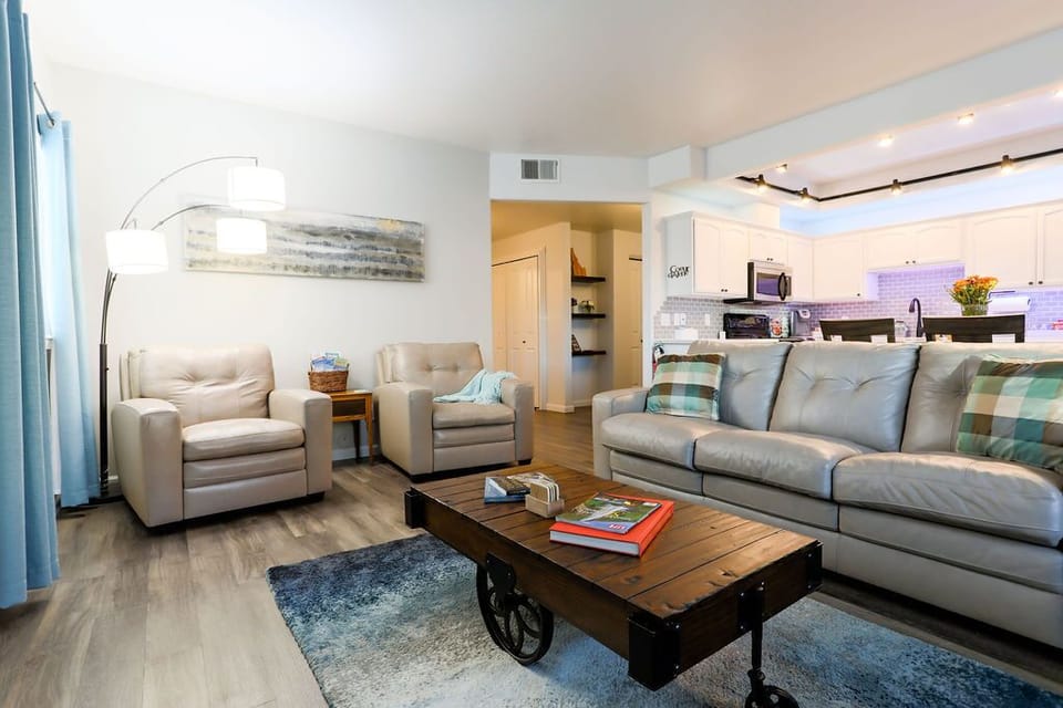 A large, comfy, leather sofa and chairs  to relax and unwind. 