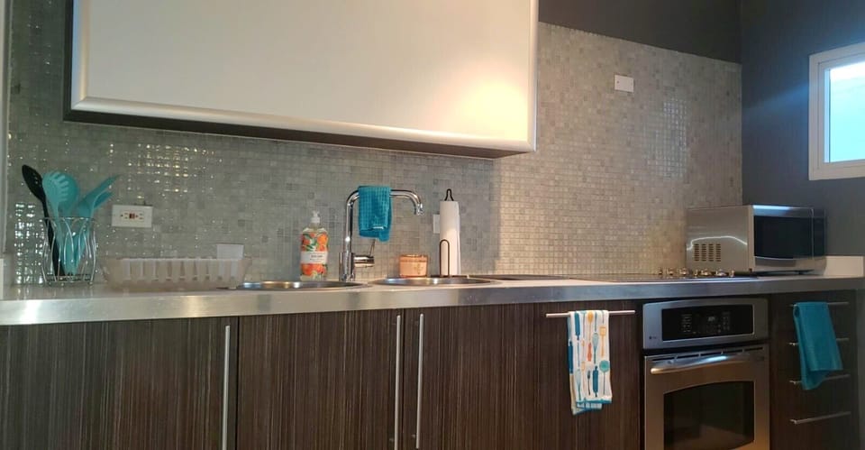 Modern appliances and everything you need to cook.