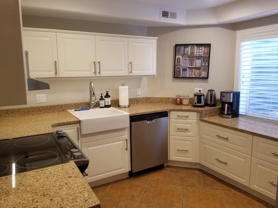 Fully stocked kitchen.