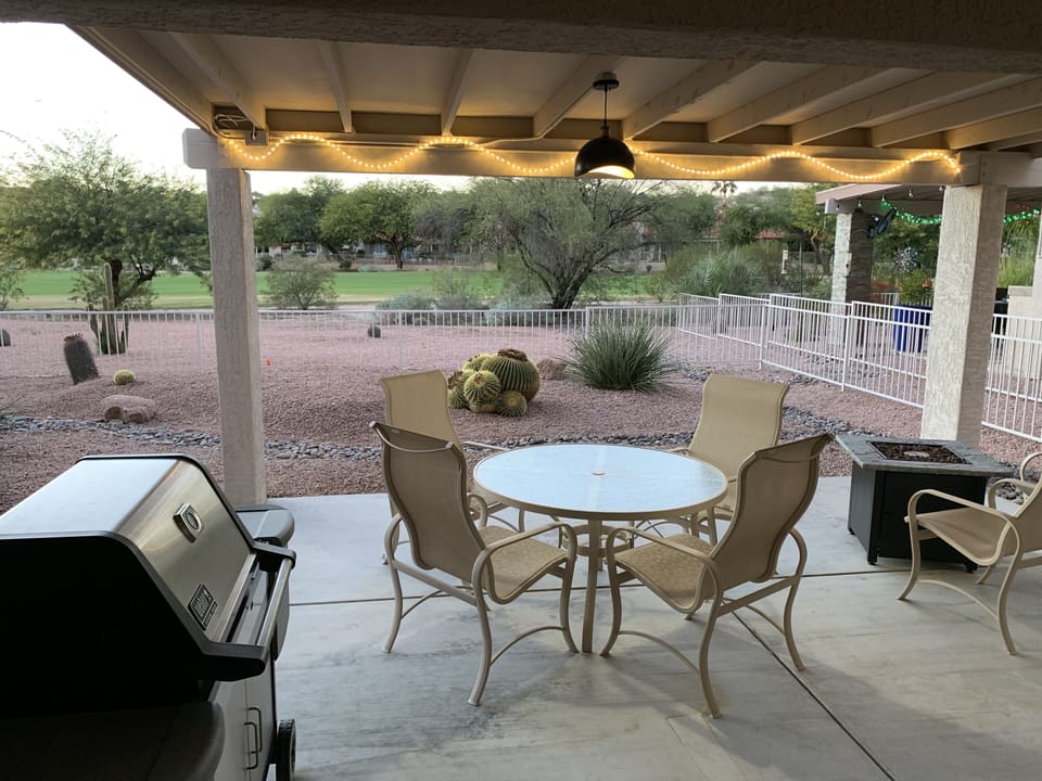Huge 16Ft by 20Ft patio w/ dining, BBQ, Fire Table and Conversation Set