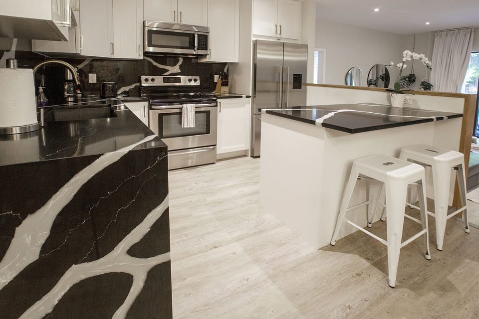 Open concept an fully equipped and remodelled kitchen with stainless appliances 