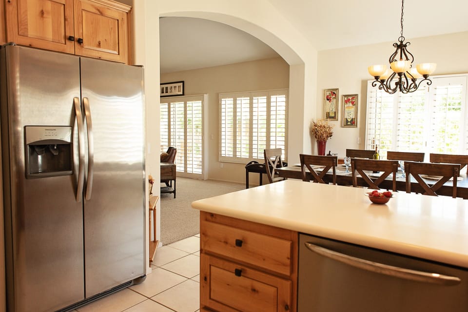 kitchen and dining area.  New appliances and fully stocked kitchen.