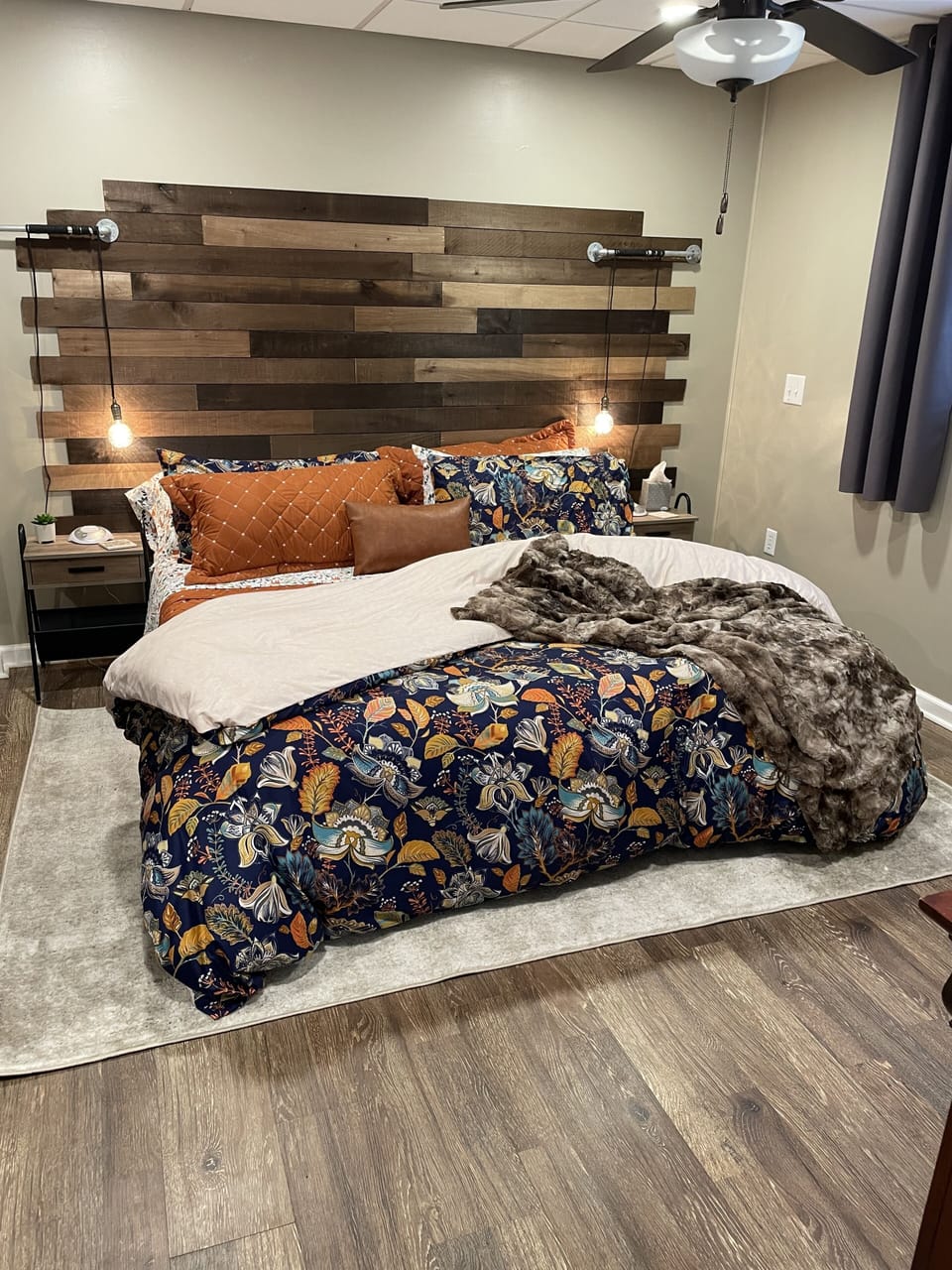 King memory foam mattress. Down duvet. Room darkening curtains. Sound machine