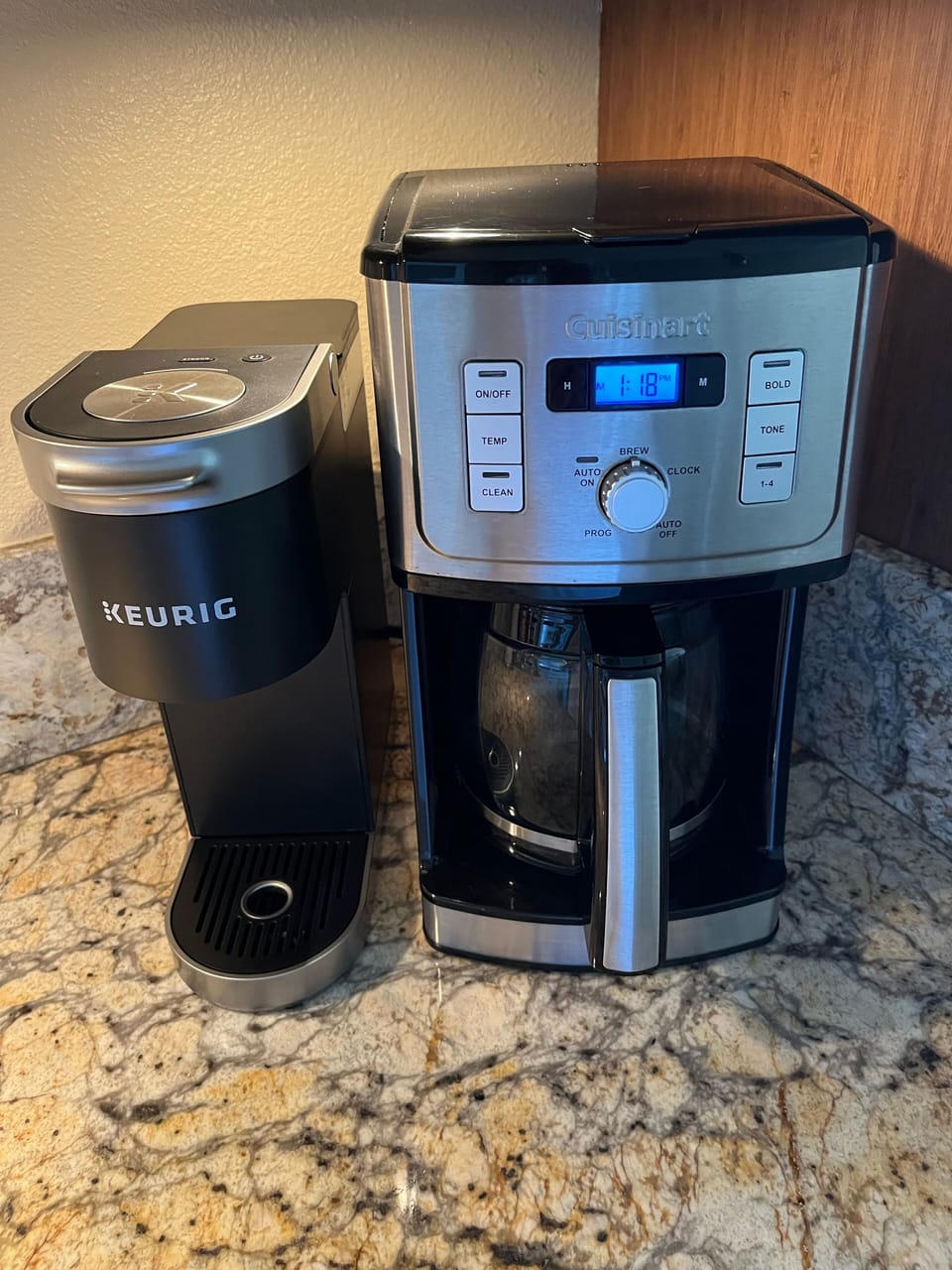 Keurig single cup or Cuisinart coffeemaker for making a full pot of coffee. 