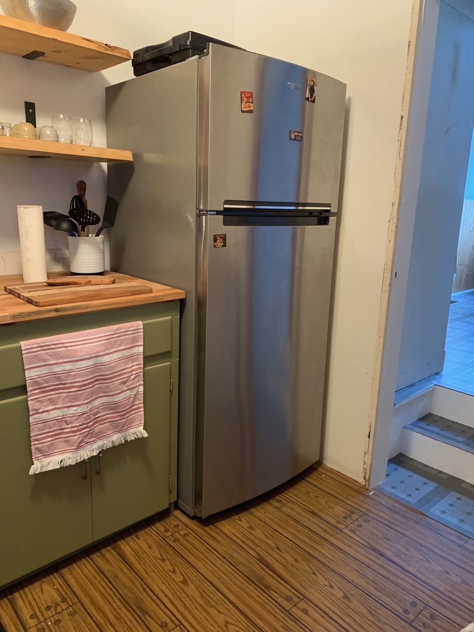 New refrigerator and appliances 
(microwave, toaster-oven) and coffee pot.
