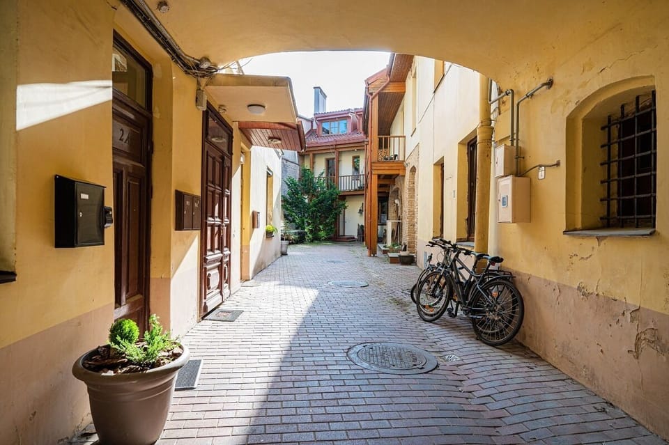 The courtyard of the apartment from the street