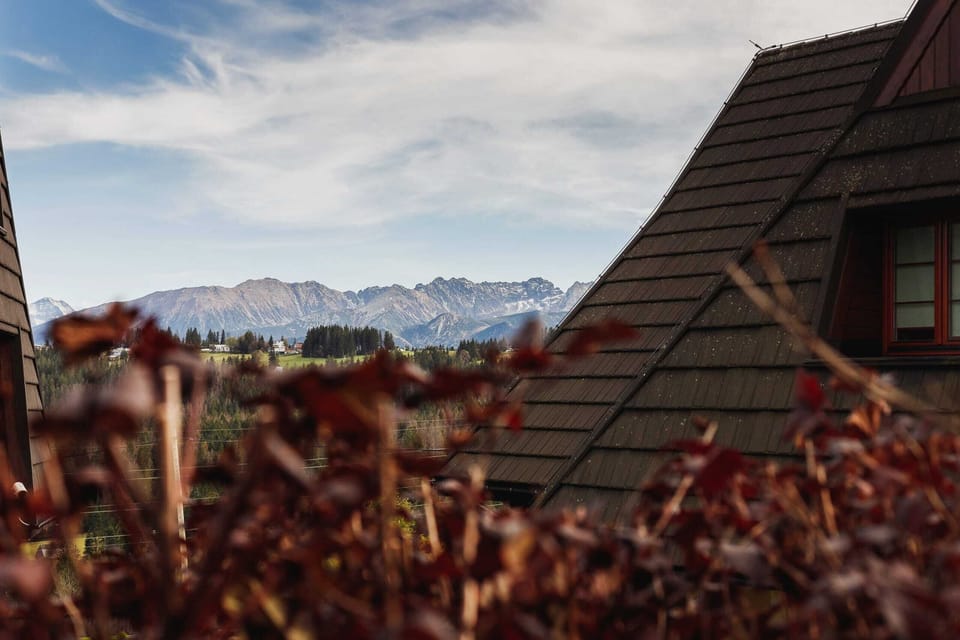 A stunning view of distant mountains and a roof in the foreground.