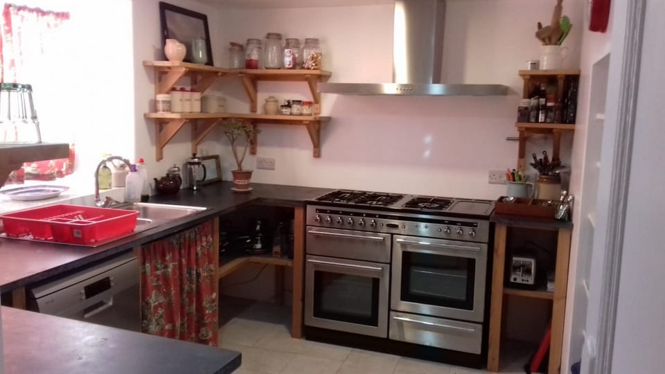 Kitchen with the double stove and dishwasher to the left. 
