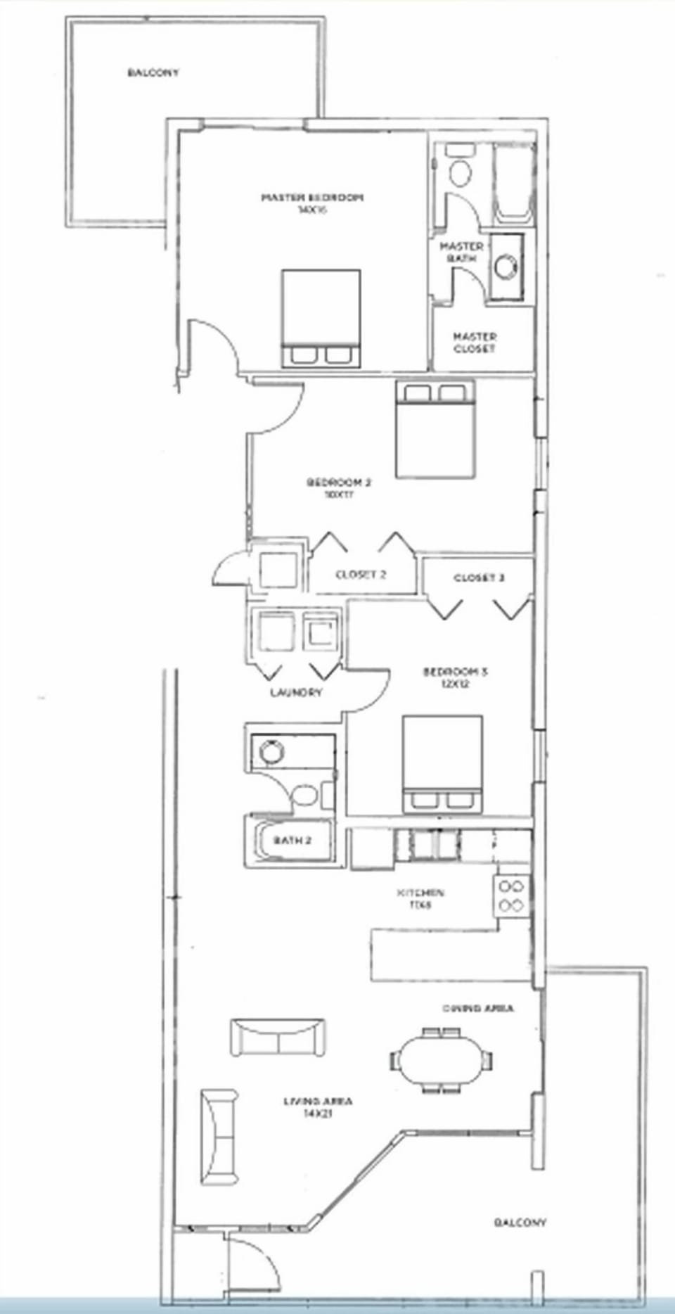 This floor plan showcases a three-bedroom layout with a spacious living area, kitchen, and two bathrooms, ideal for families