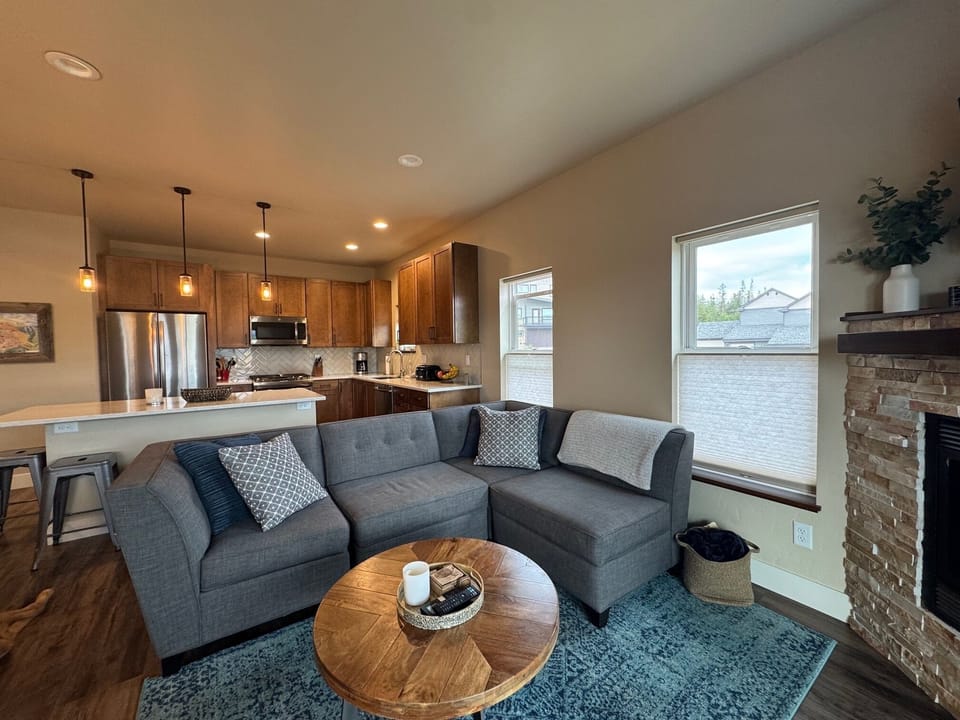 Open living room with gas fireplace