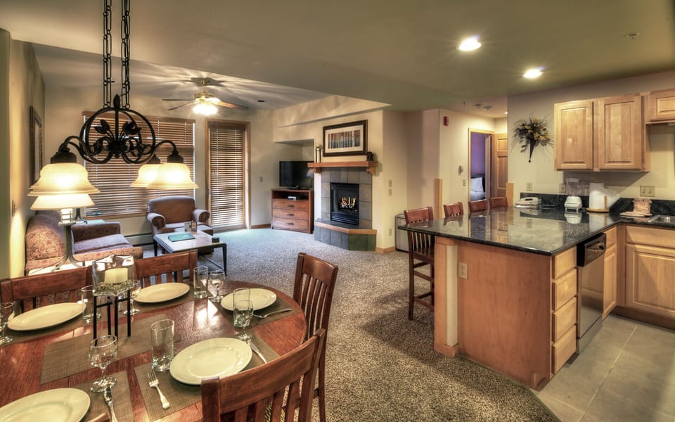 View of dining and family area.  Couch folds out into bed for two.