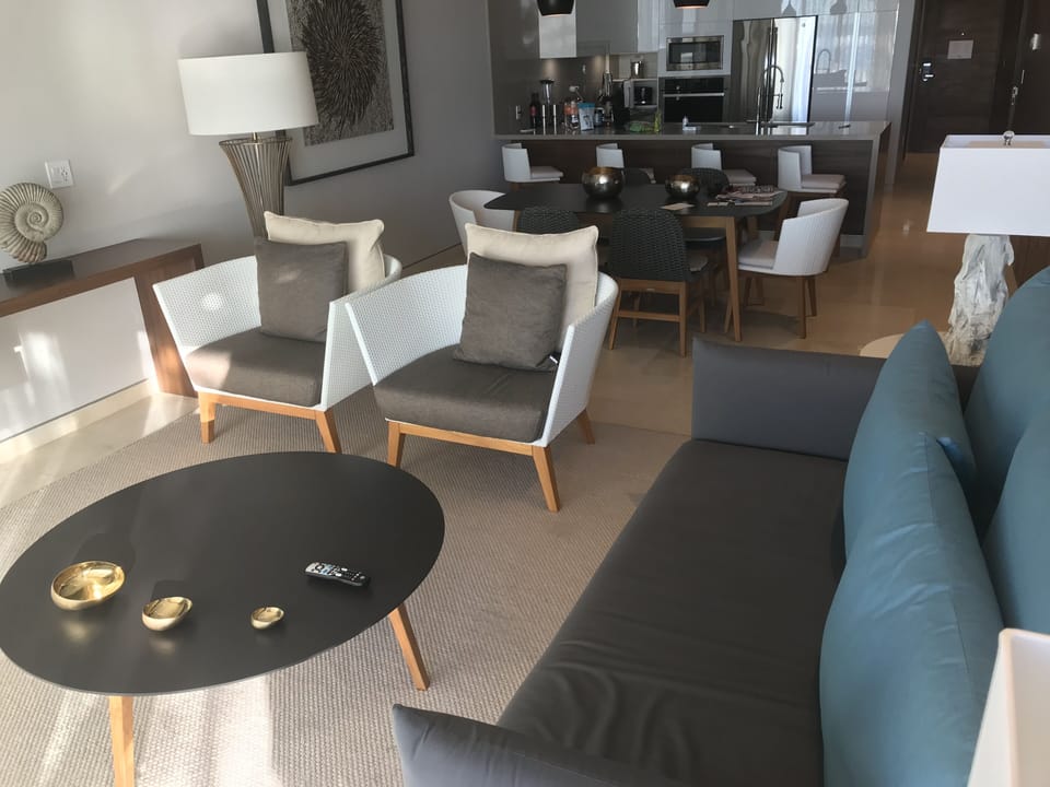 All units have the same living, dining and kitchen areas.