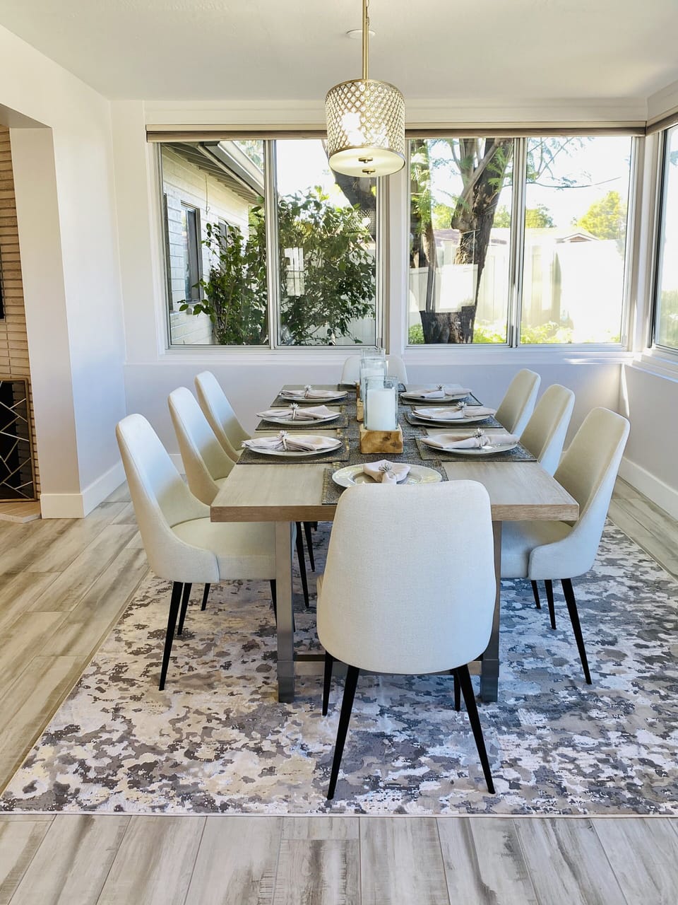 Dining room surrounded by glass windows 